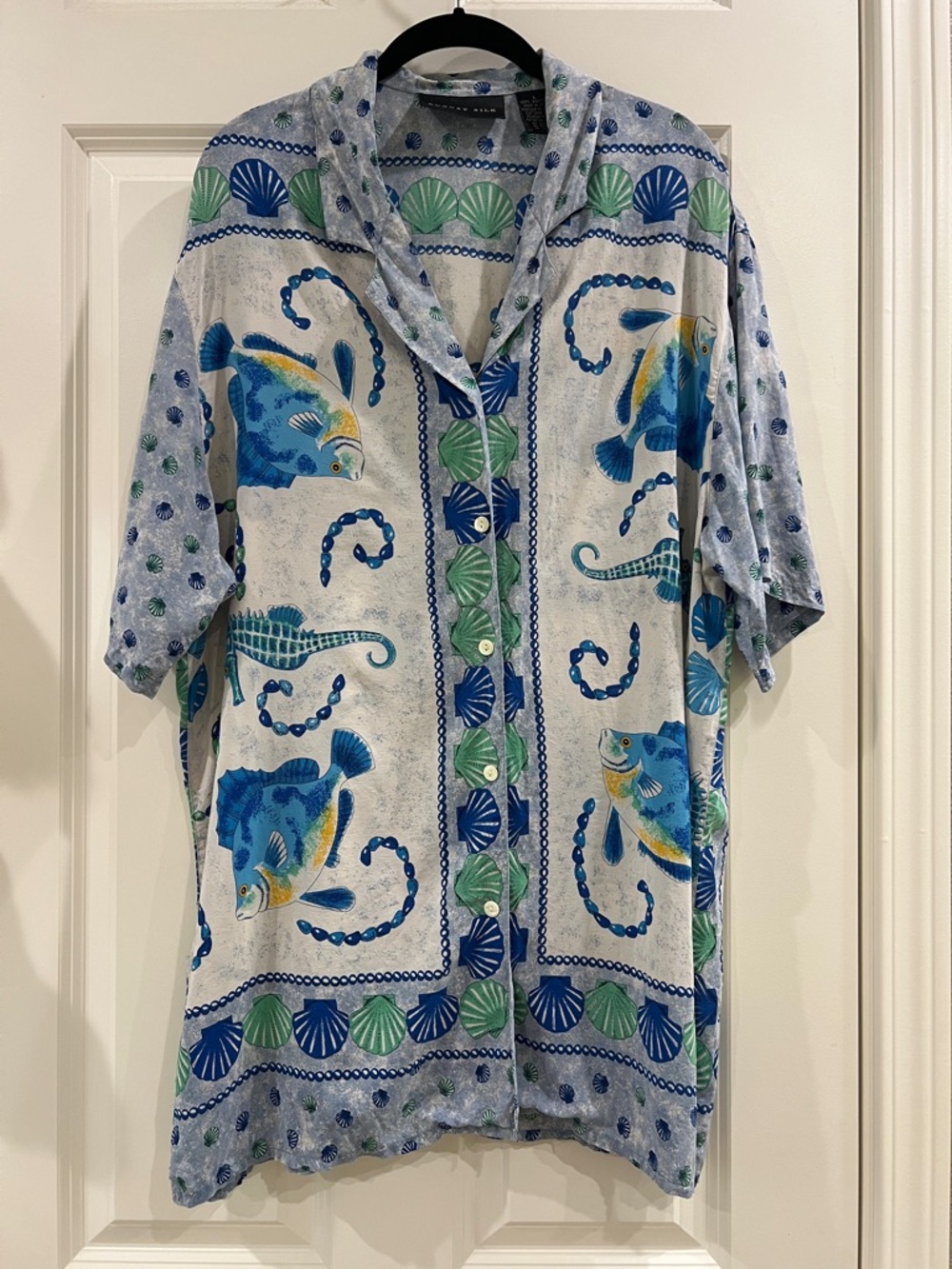 Vintage August Silk Ocean‑Print Button‑Down Shirt – 100% Cotton – Size L